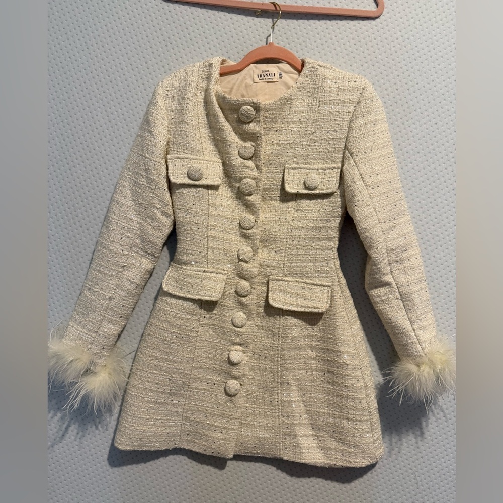 Chic White Tweed Coat with Feather Cuffs